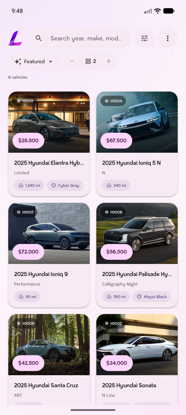 CarFlow showroom mode: a customer-facing grid of ready-for-sale cars with photos and prices