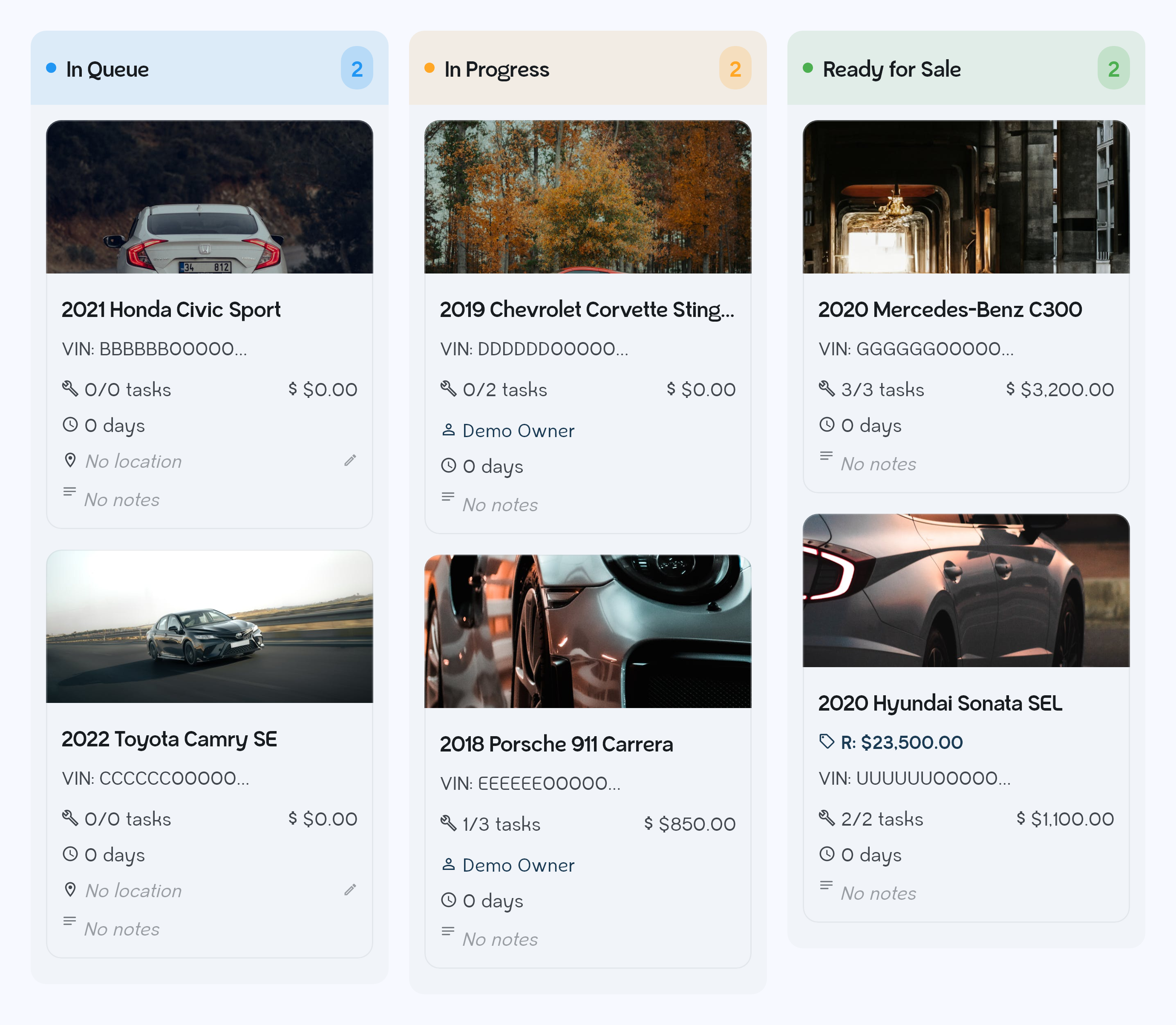 CarFlow pipeline board with vehicles grouped by stage, task counts, repair totals, and day counters per car